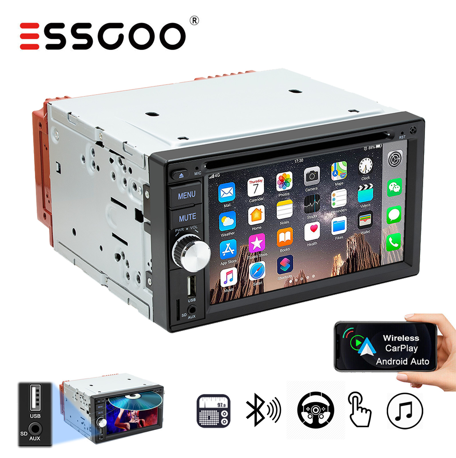 Double DIN 6.2″Car Stereo Android Auto Apple Carplay CD DVD Head Unit FM USB AUX