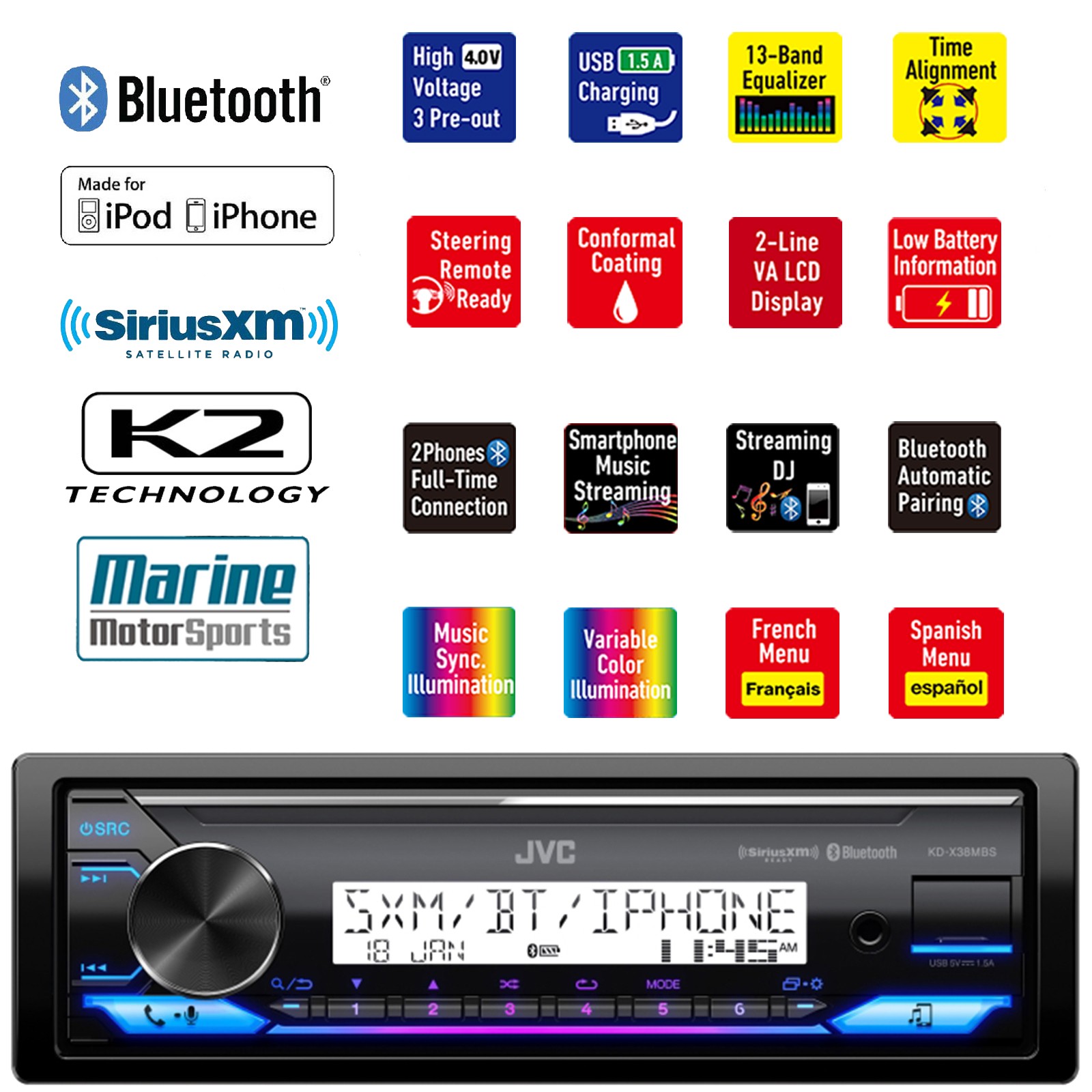 JVC KD-X38MBS Marine AM/FM Radio SiriusXM Ready Amazon Alexa Radio