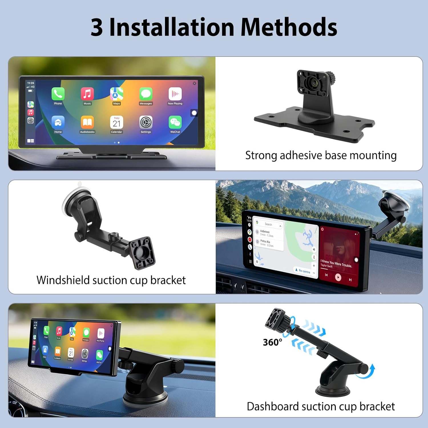 10.26″ Portable Wireless Carplay Screen for Car with 4K Dash Cam, 1080P Backup C