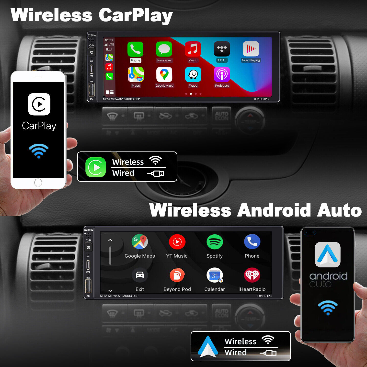 Single Din Car Stereo Wireless Apple CarPlay 6.9 touchscreen Bluetooth Radio USB