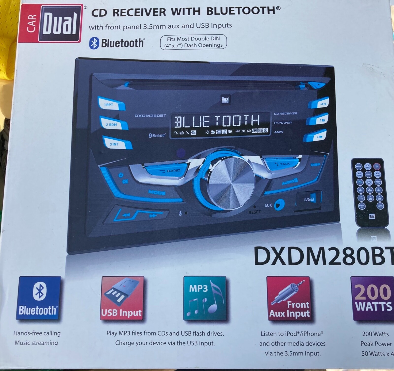 CD Receiver with Bluetooth. Black Car Dual 200 Watts. Plays USB flash drives. 