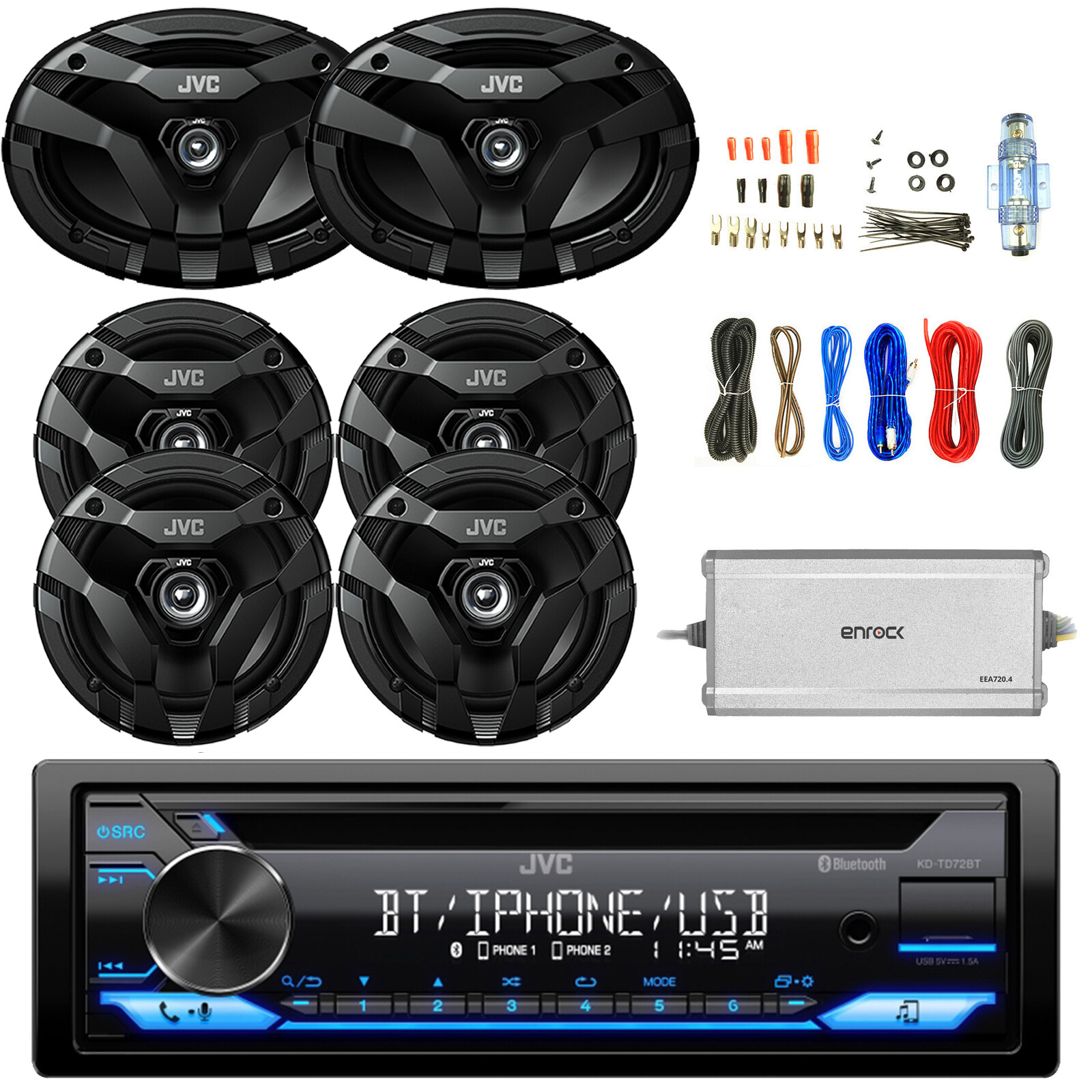 JVC 1-Din AUX USB Stereo Receiver, 2x 6×9″ Speaker, 4x 6.5″ Speaker, Amp w/ Kit