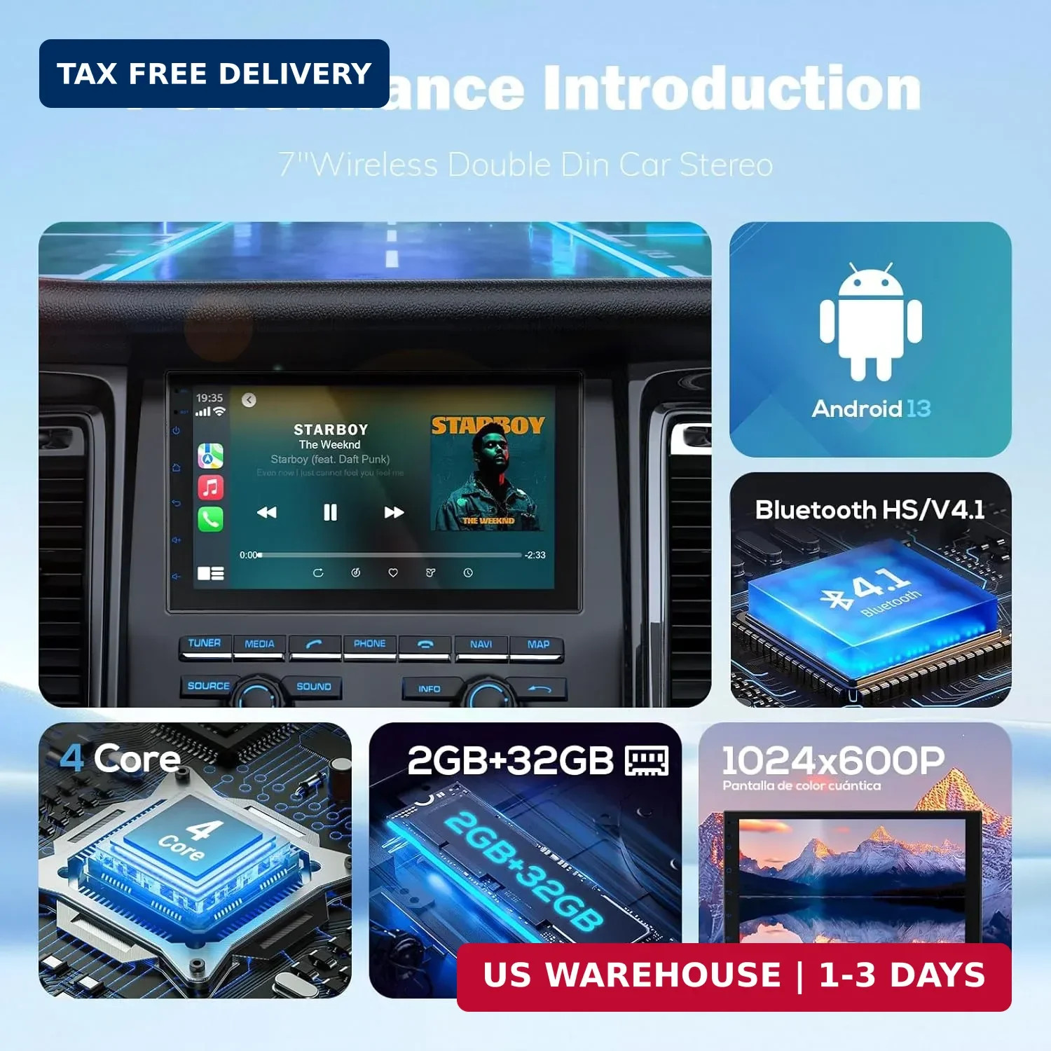 Haudio 7 Inch Double Din Car Stereo with Wireless Apple CarPlay & Android Auto,