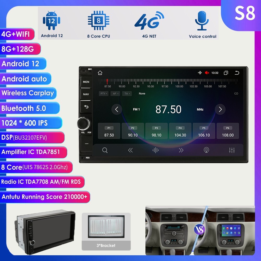 8+128 RAM 2Din 7”Android 12 8Core Car Stereo GPS Radio WiFi CarPlay DSP +AHDCAM