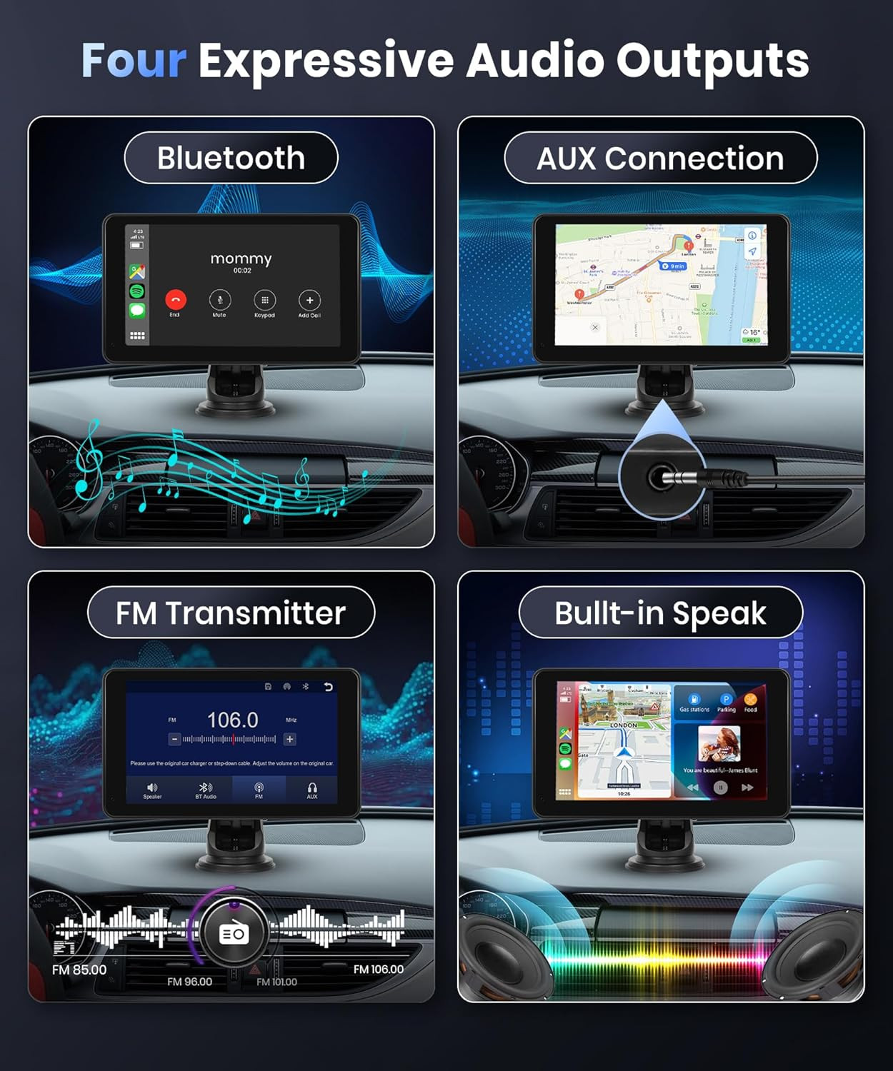 Podofo Wireless Carplay Screen for Car,7Inch 1080P HD IPS Touch Screen Portable