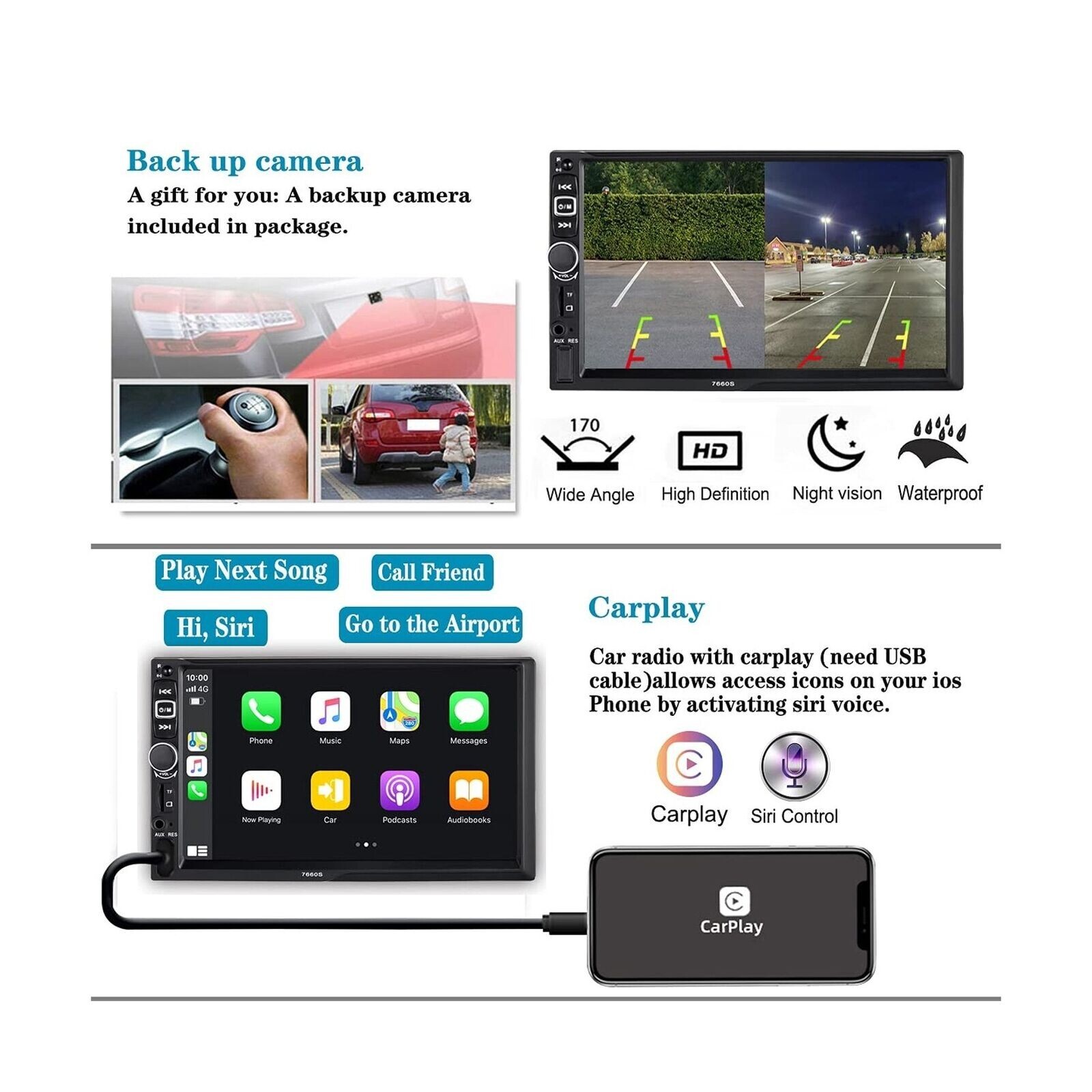 Double Din Car Stereo Radio Compatible with Apple Carplay and Android Auto 7″