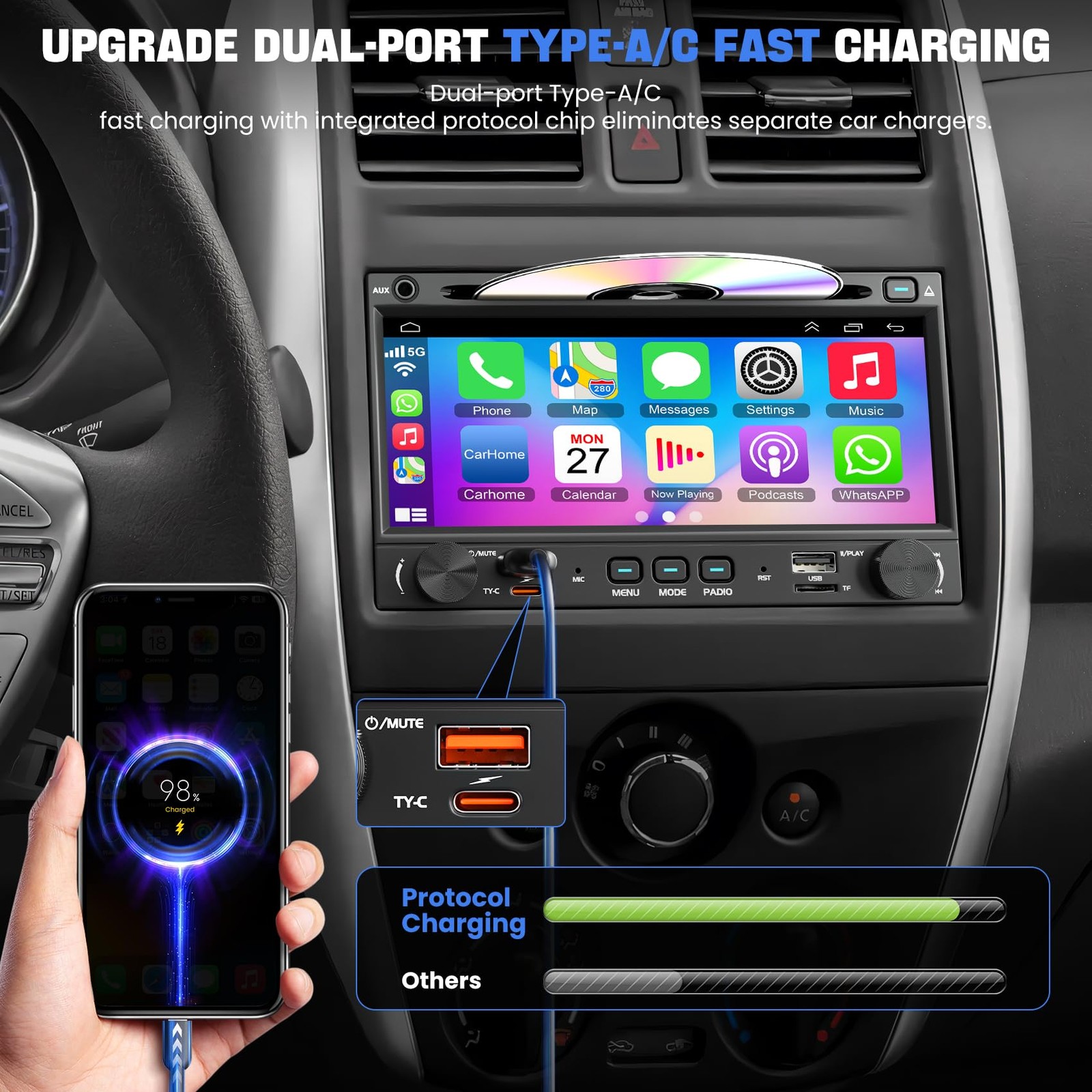 [QLED Screen Upgrade] 7″ Double Din Car Stereo CD DVD Player, Wireless CarPla…