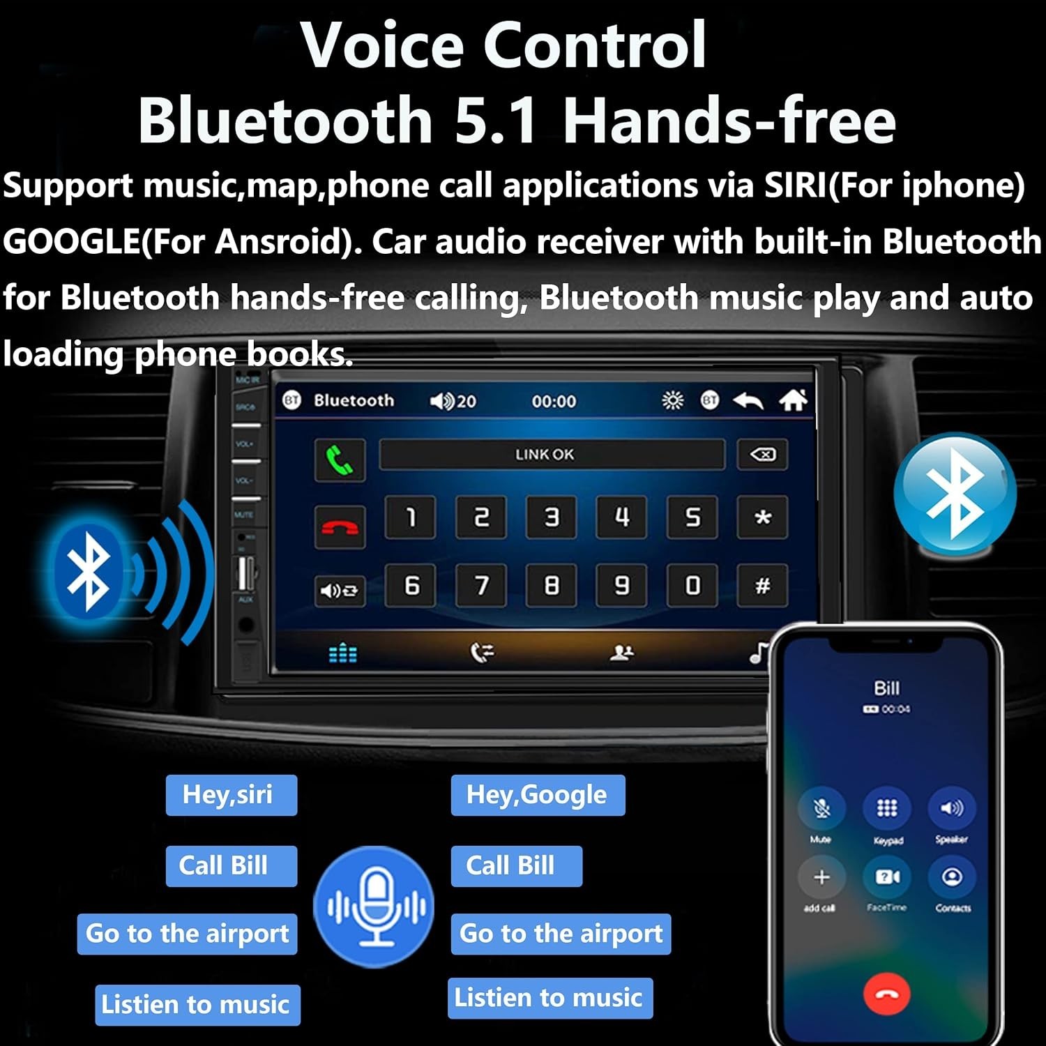 Estereo de Pantalla para Carro Coche 2DIN Radio Stereo Bluetooth Camara Trasera