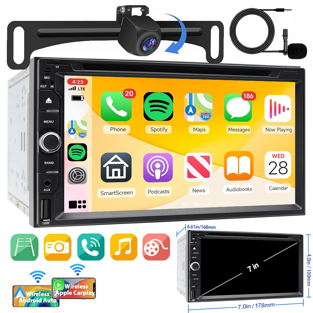 7″ Car Radio Apple Andriod CarPlay GPS DVD Stereo Touch Screen Double Din+Camera