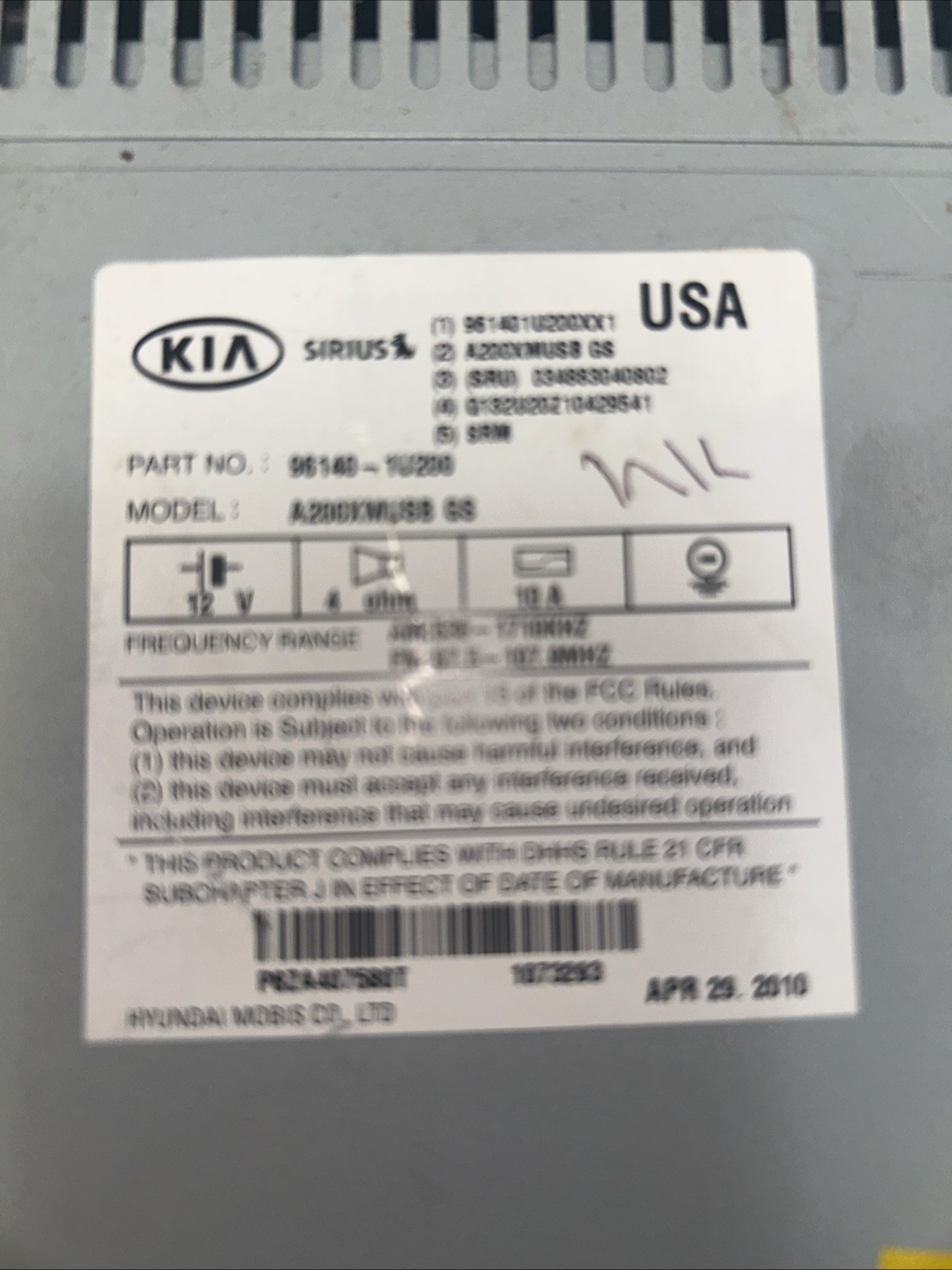 Kia 96140-1U200 OEM Touchscreen Bluetooth SiriusXM CD USB Radio Head Unit