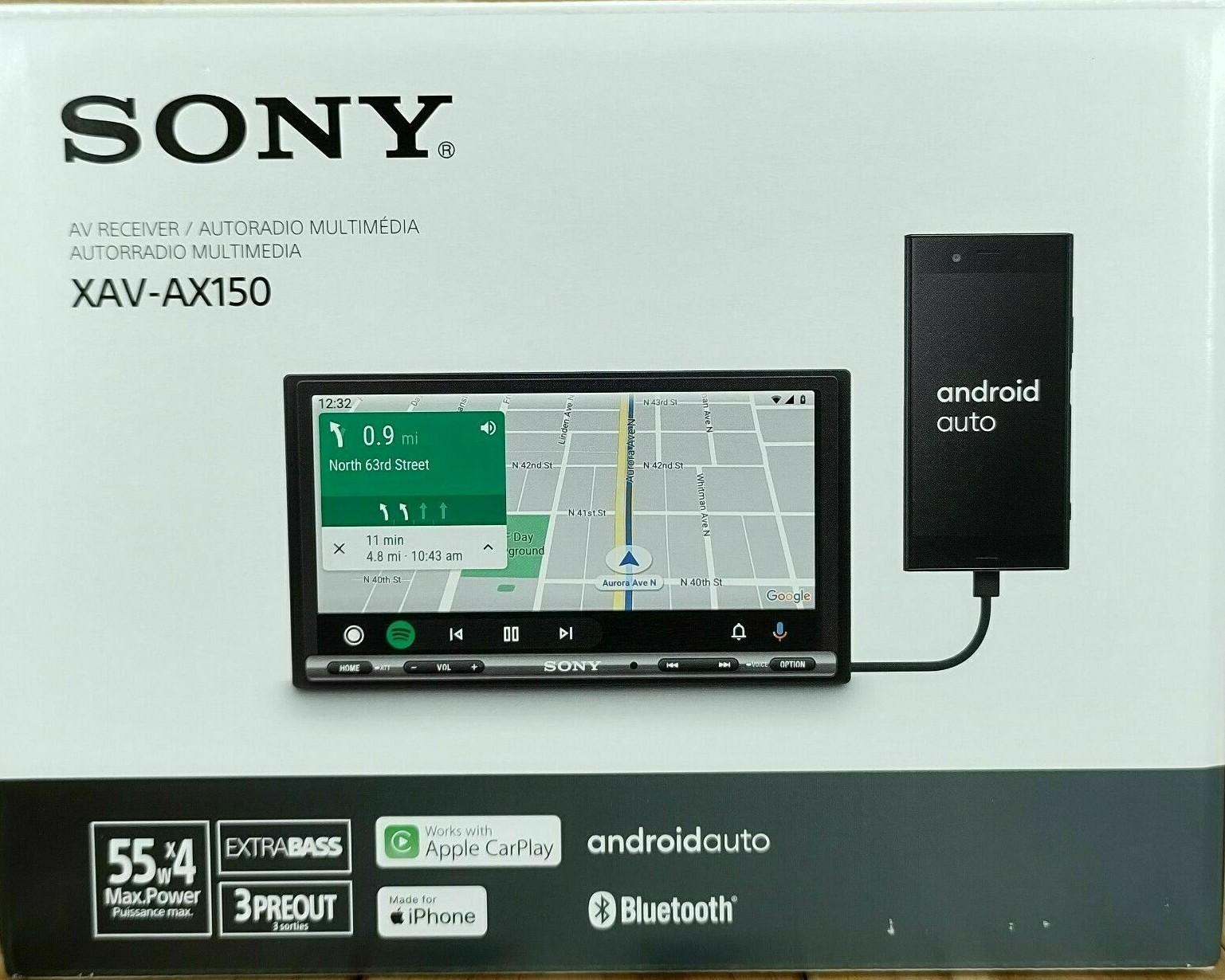 Sony XAV-AX150 Bluetooth 7″ Android Auto Apple CarPlay Multimedia USB Aux 55w x4