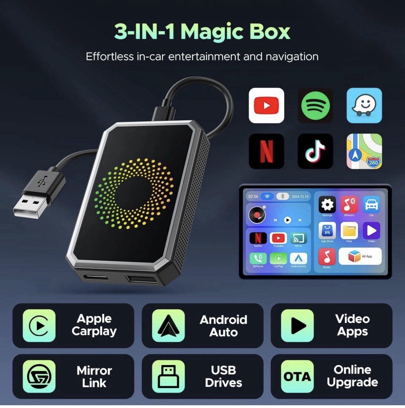 Wireless CarPlay WIFI AI box Android Auto Adapter Converter w/ Netflix YouTube