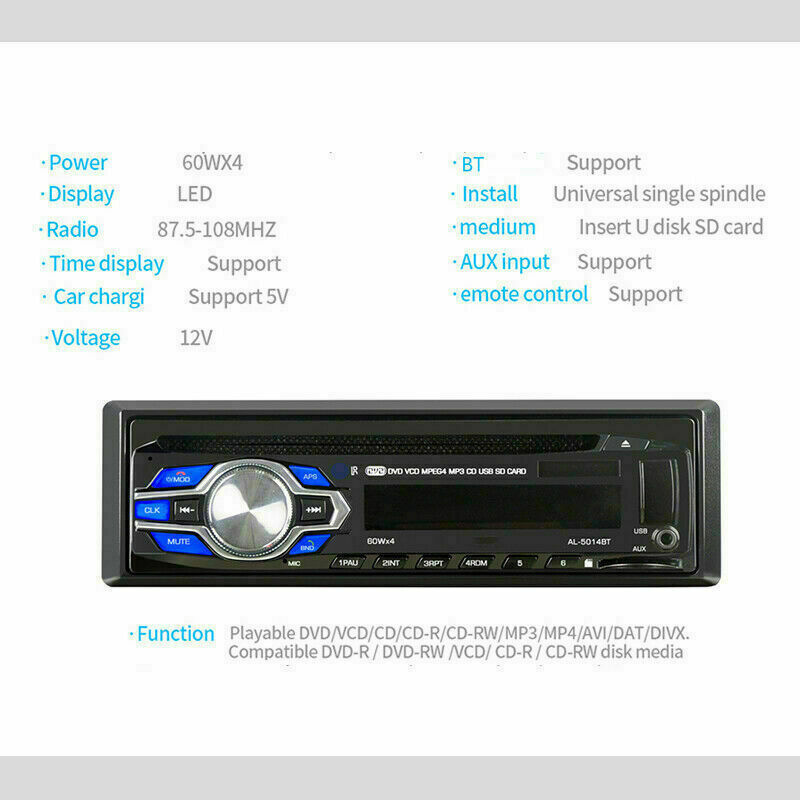 Single 1 Din Car Radio DVD CD MP3 Player Audio Stereo USB FM Bluetooth In-dash