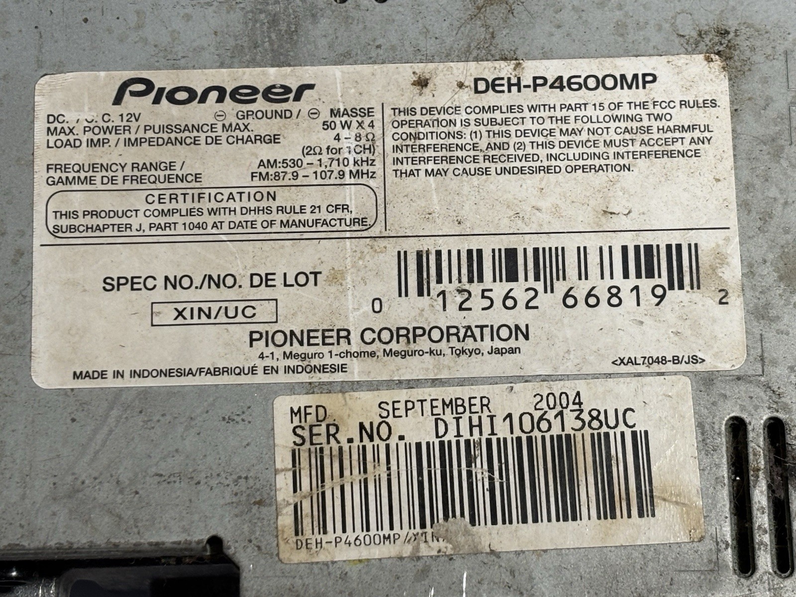 Pioneer DEH-P4600MP CD Player In Dash Receiver 50W x 4 UNTESTED PARTS OR REPAIR