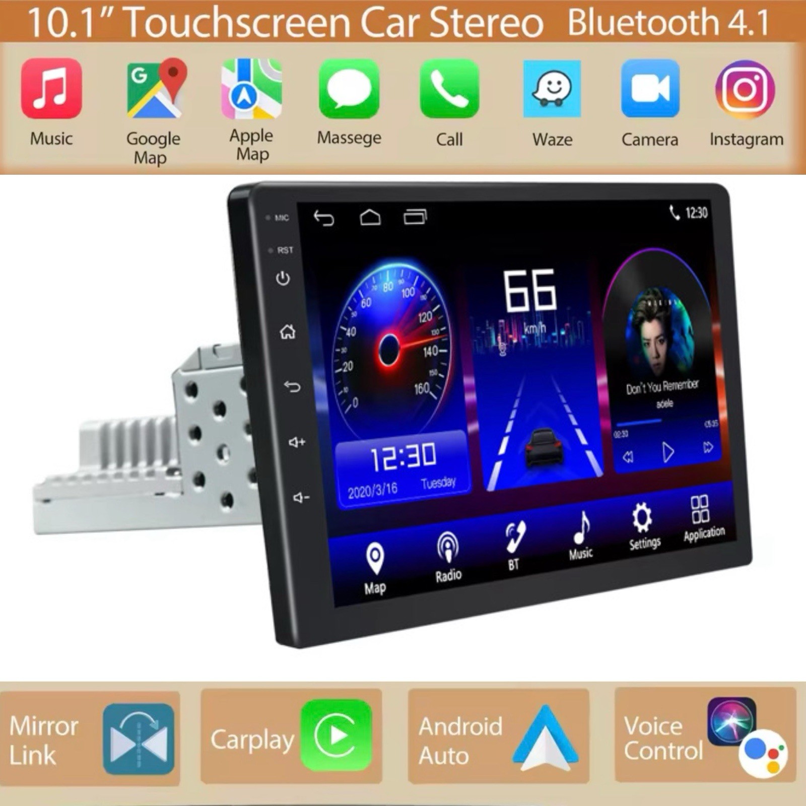 Single Din Vertical Car Stereo 10.1 inch Touch Screen Wireless Carplay Android
