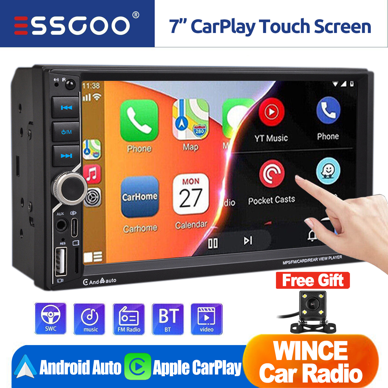Double 2 Din Car Stereo Bluetooth Android Apple CarPlay Touch Screen FM + Camera