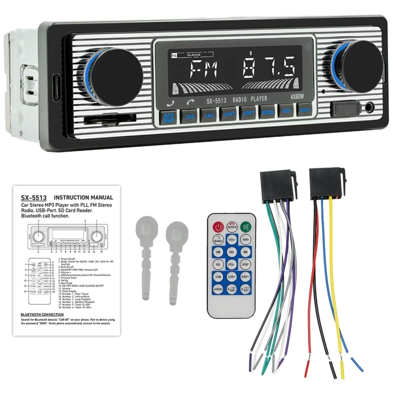 Dual Knob Car Radio with Bluetooth, FM, Voice Control