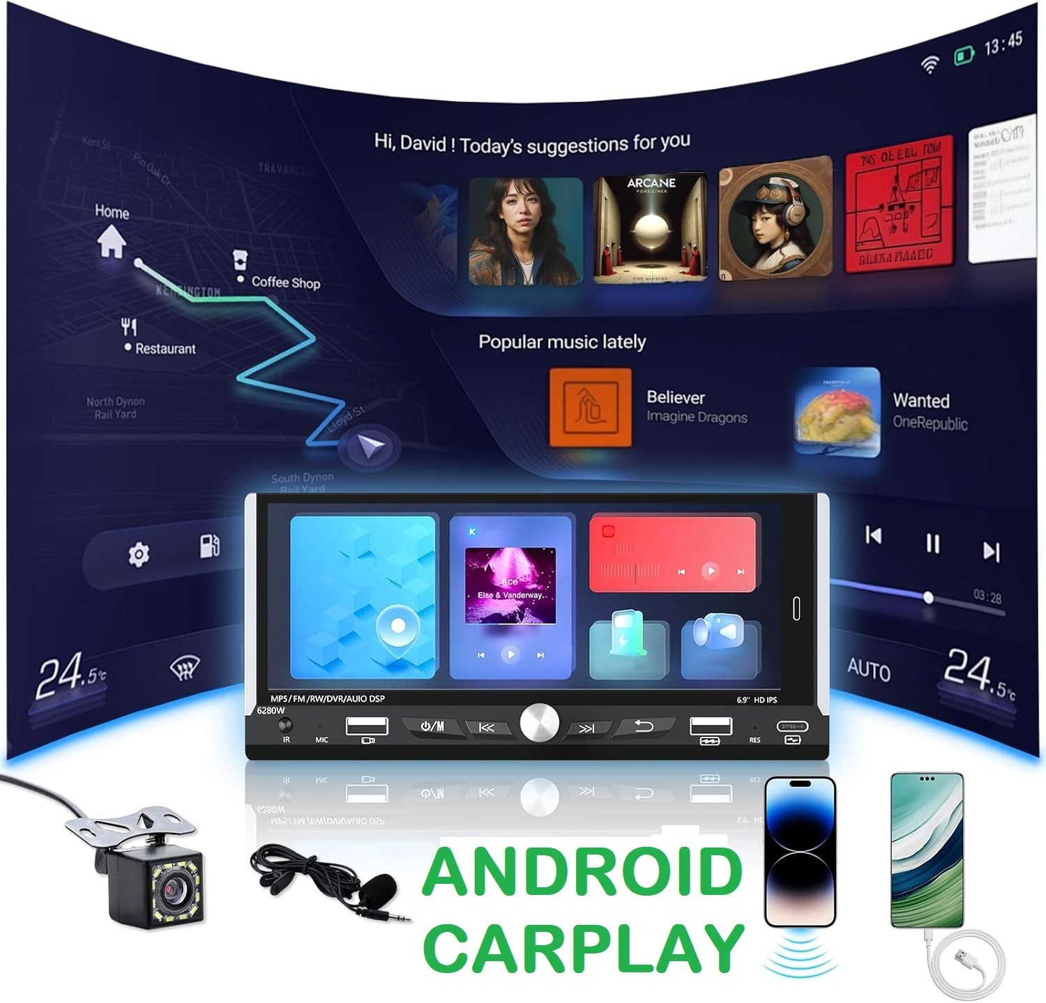 6.86″ Single DIN Android 14 Car Stereo GPS Navi 4+64G GPS Head Unit Radio+Camera