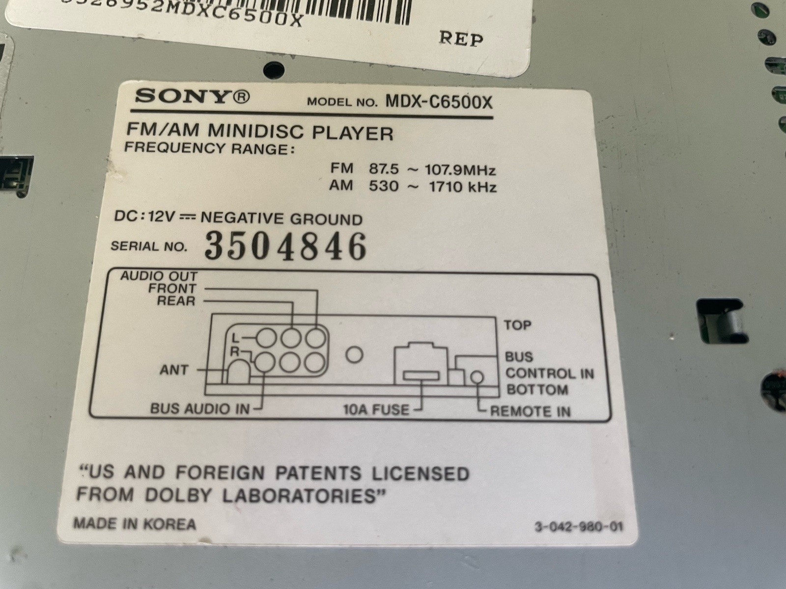 Sony Mini Disk Player MDX-C6500X Car Stereo MD Changer Controls