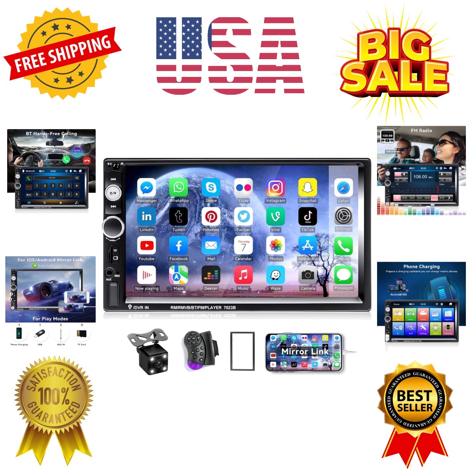 7″ Double Din Car Stereo Audio Bluetooth MP5 Player USB FM Multimedia Radio+ …