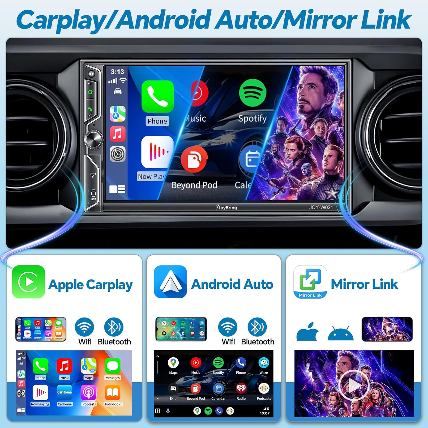 7″ QLED Double Din Car Stereo Compatible with Wireless Apple Carplay & Android A