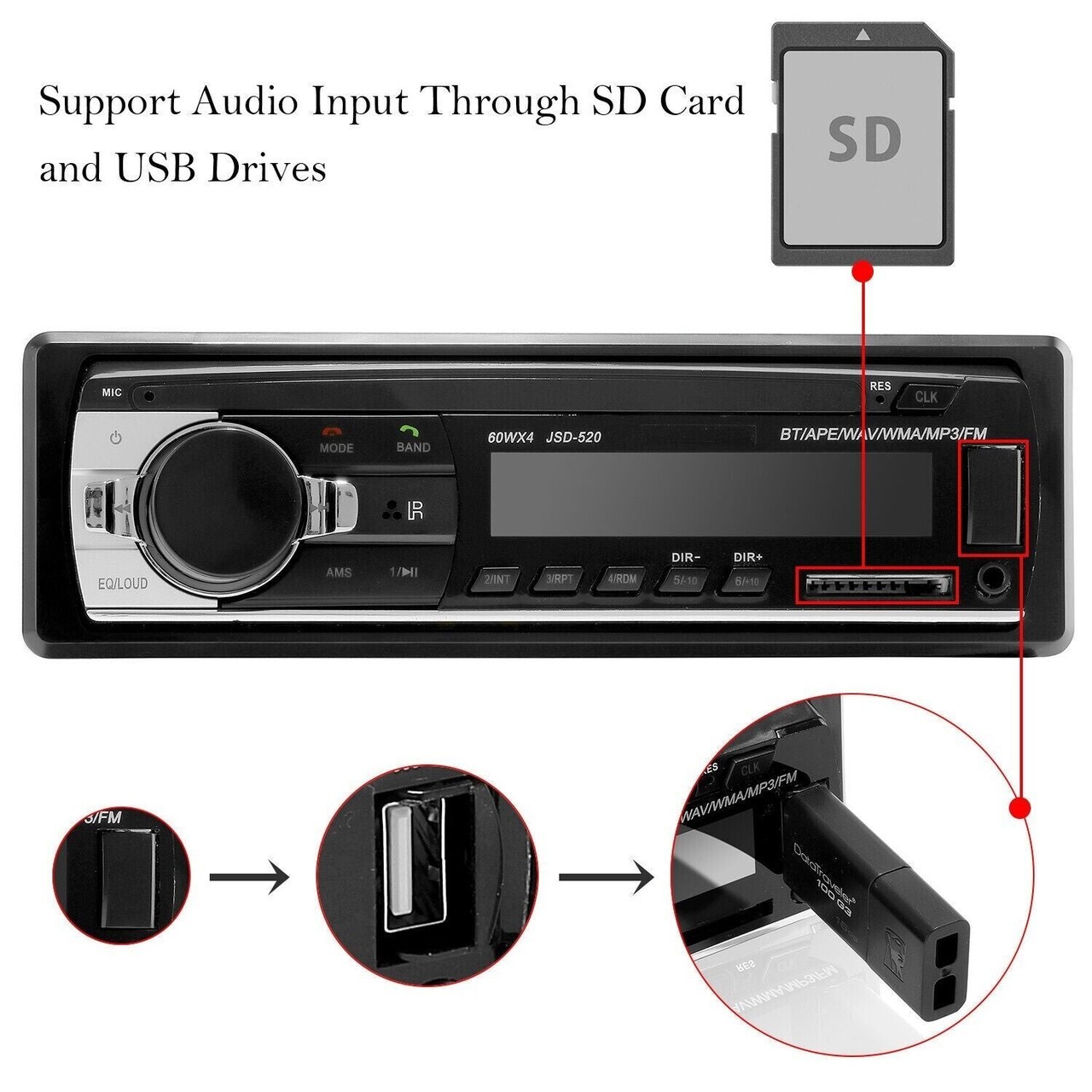 Car Stereo Audio In-Dash Bluetooth Call FM Aux Input Receiver SD USB MP3 Player