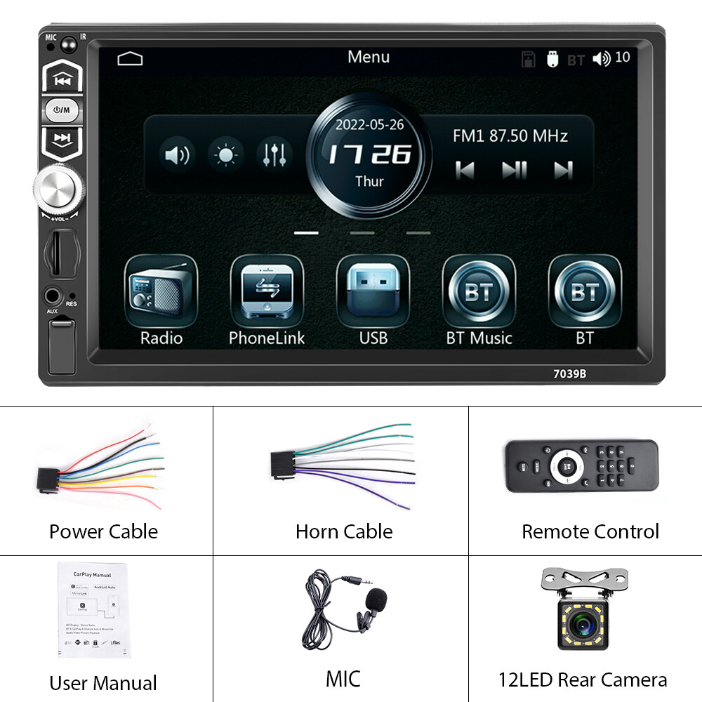 Single 1 Din 7″ Car Stereo Apple Carplay Auto Radio Touch Screen Player+ Camera