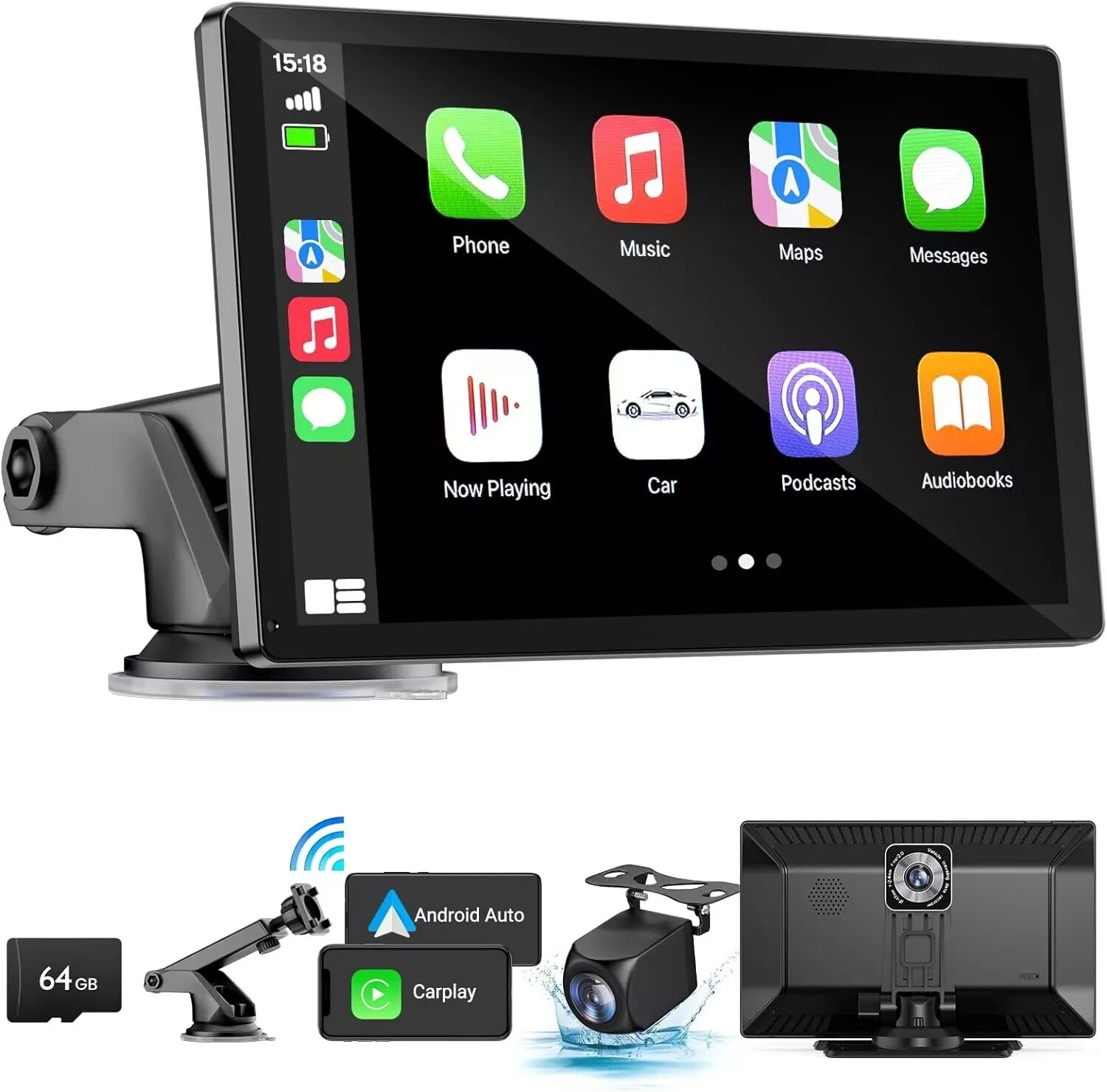 Wireless Carplay Touchscreen 4K Dash Cam, 9″ Portable Apple Carplay Android Auto