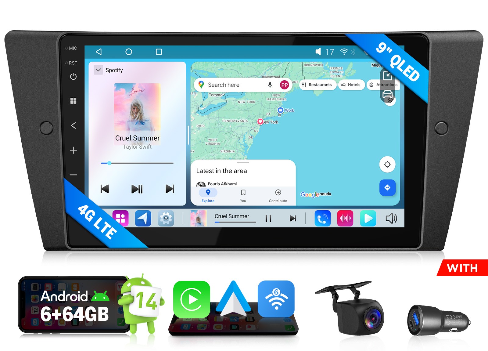 6+64 Android 14 9″ QLED Car Radio for BMW 3 Series 2011 E90 Wireless CarPlay SWC