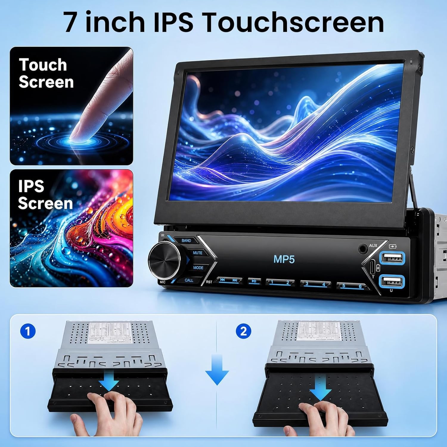 7″ Car Stereo Radio Single 1 Din Flip Out Touch Screen MP5 Player USB Bluetooth