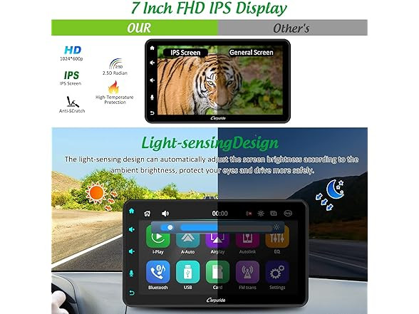 NEW Carpuride Black Touchscreen 7-Inch Apple Carplay & Android Auto 1080p
