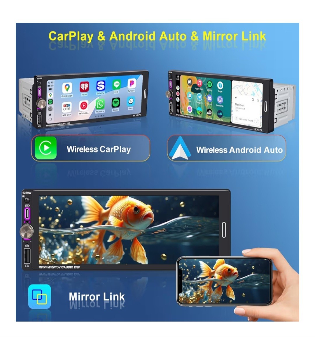 6.9″ Single DIN Car Radio with Wireless Apple CarPlay, Car Bluetooth 5.2, AM FM