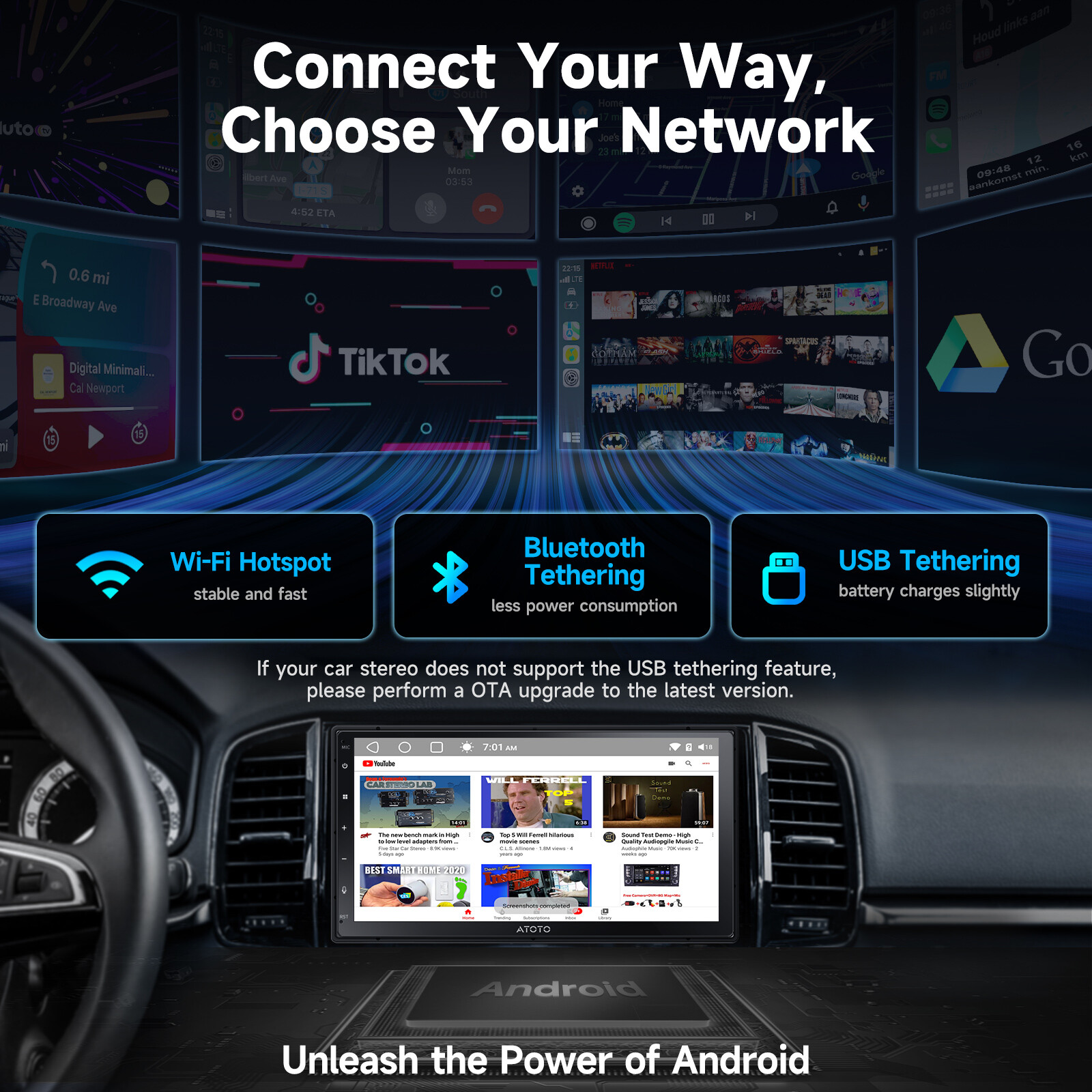 ATOTO Double Din 7″ TouchScreen Android Car Stereo Wireless Carplay Android Auto
