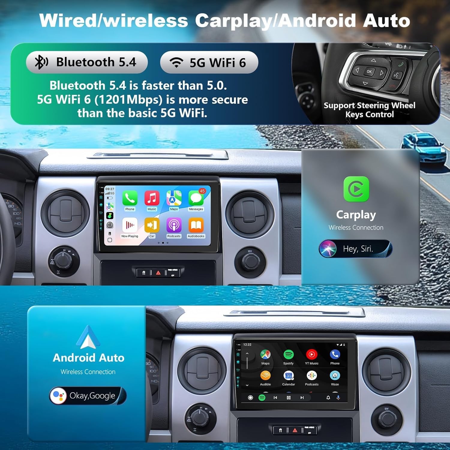 4+64 9″ Touchscreen Wireless Carplay Android Auto Stereo for 2009-2012 Ford F150