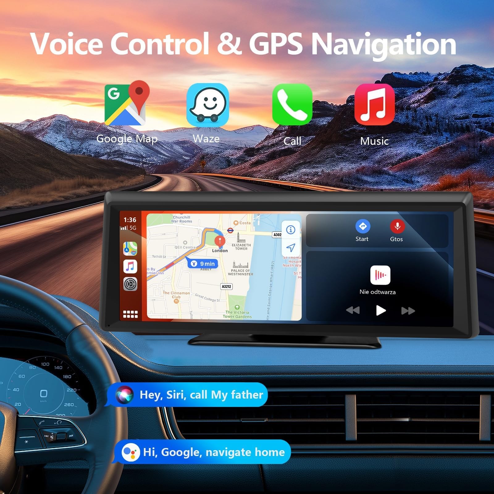 8.1″ Portable Wireless Carplay Screen for Car, 2K Dash Cam & 1080P 8.1 inch