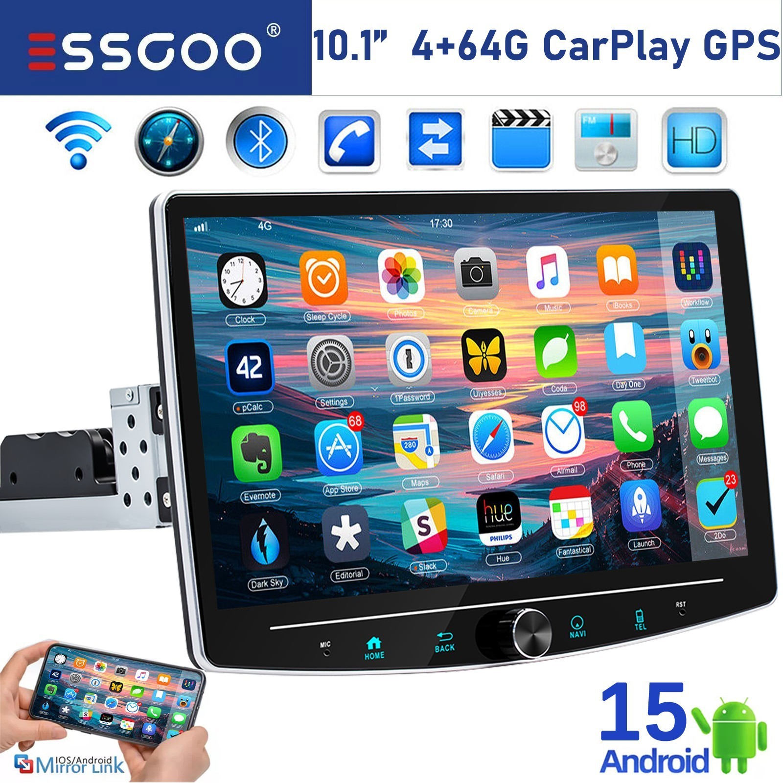10.1″ Carplay Android15 Car Stereo Radio 1 DIN Rotatable Touch Screen GPS WIFI