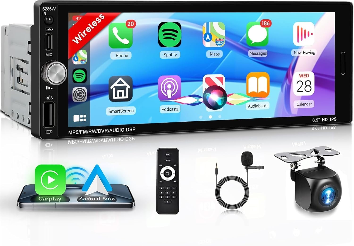 6.9” Single Din Car Stereo with Wireless CarPlay Android Auto, 1280 * 480 HD…