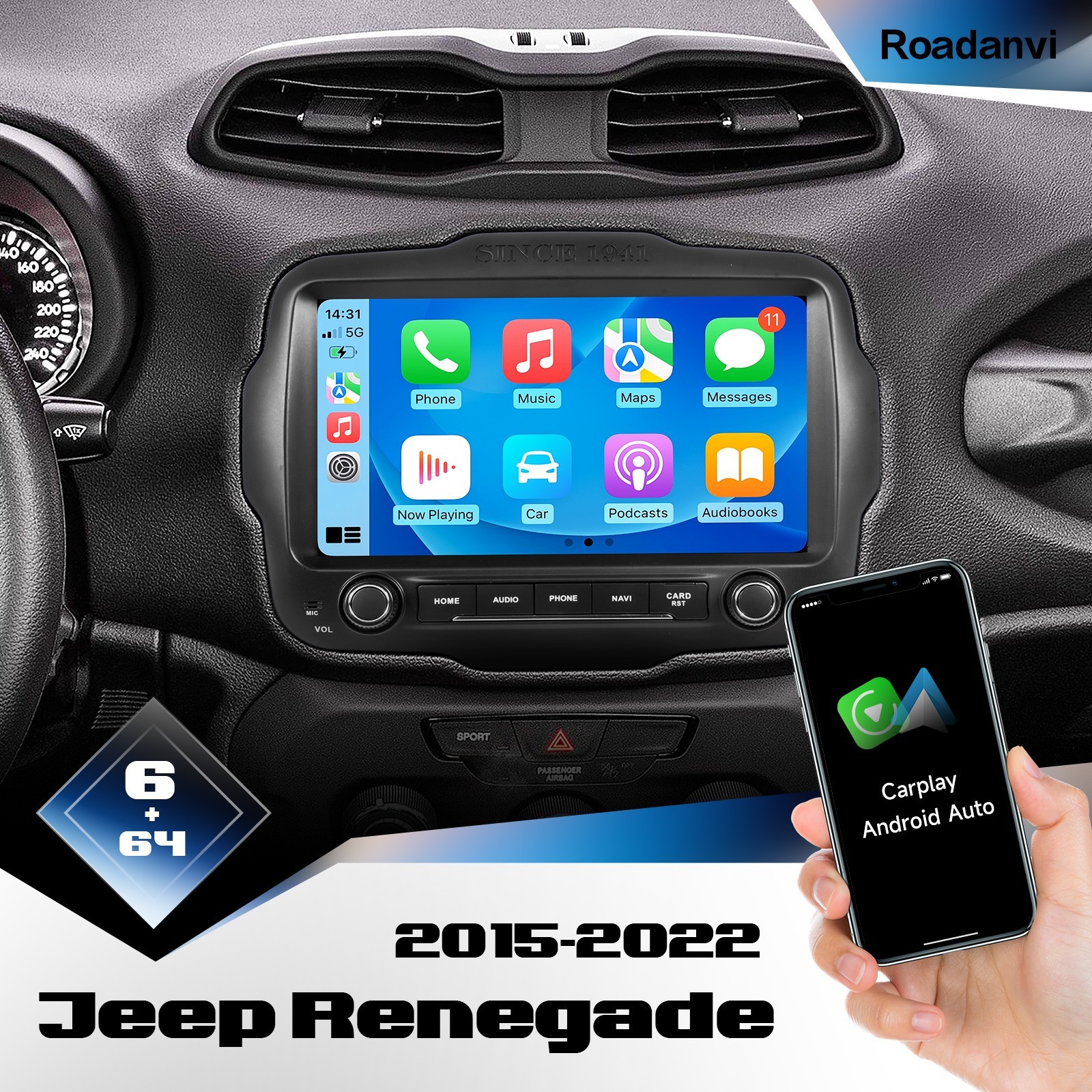 Roadanvi 9” Car Radio for Jeep Renegade 2015-2022 Carplay with Knob and Buttons