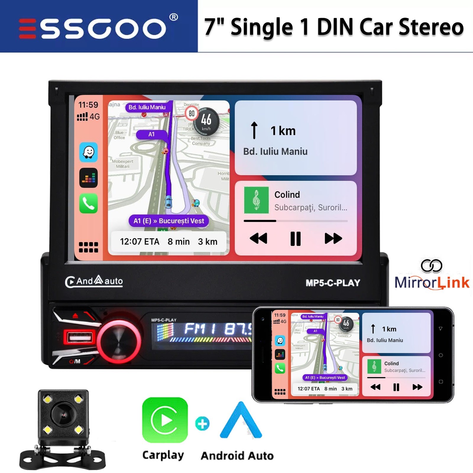 7″ 1 DIN Car Stereo Radio Flip Out Touch Screen Carplay Android Auto MP5 FM +Cam