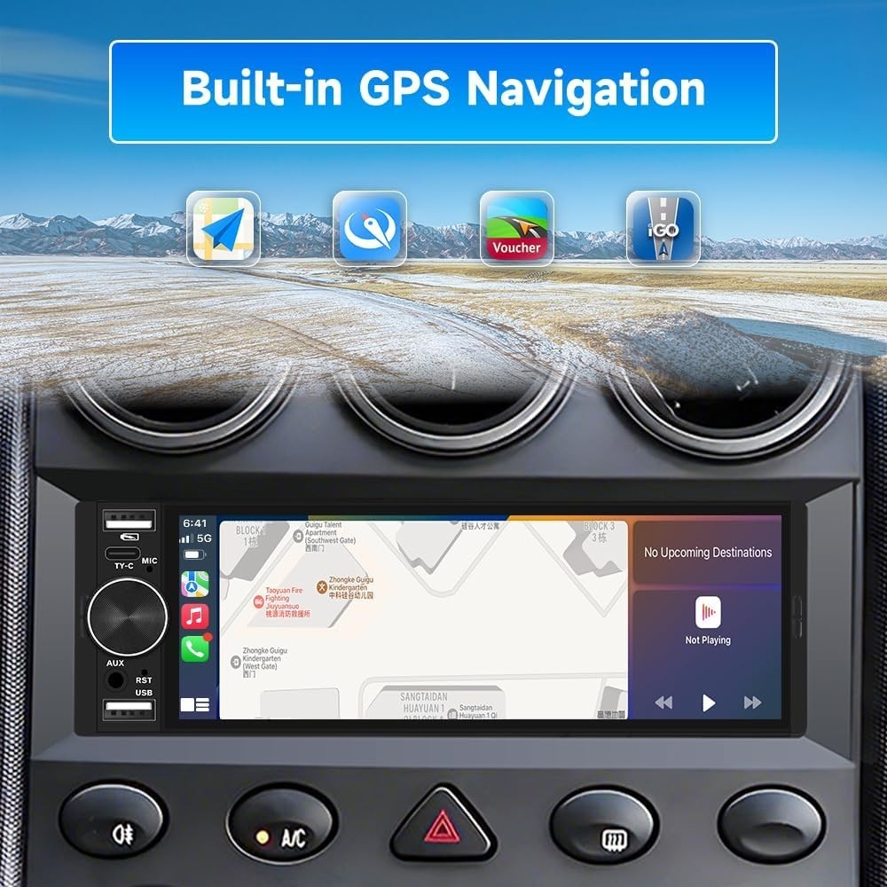 Single Din Car Stereo Universal, 6.36 Inch CarPlay & Android Auto IPS Touchsc…