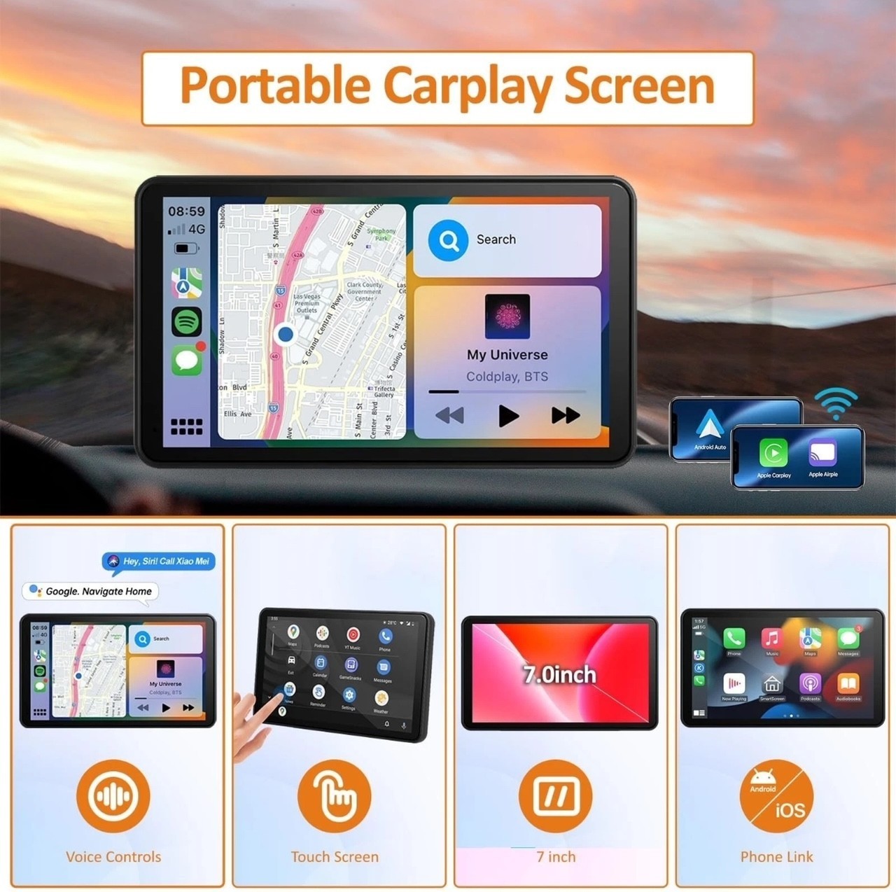 7” Portable CarPlay Android Auto Touch Screen Car Radio Stereo GPS FM BT NAVI