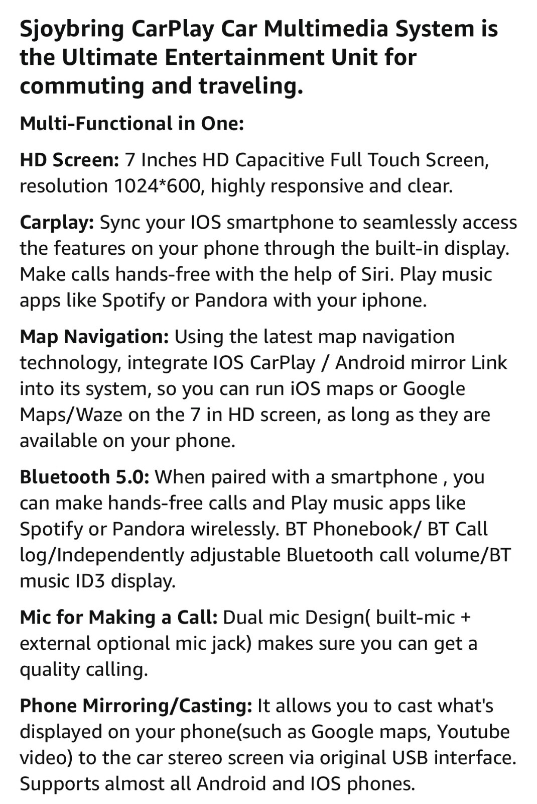 Double DIN CarPlay Multimedia Player, 7″ HD Capacitive Touchscreen, Car Stereo w