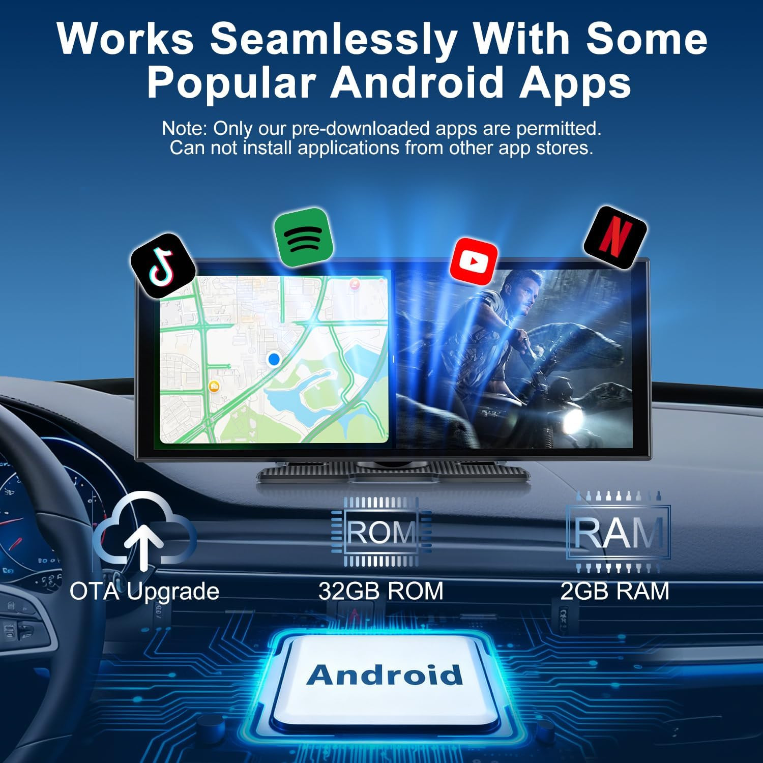 Upgraded 11″ Carplay Screen for Car, Built-In Net-Flix/Youtube/Tiktok and Other