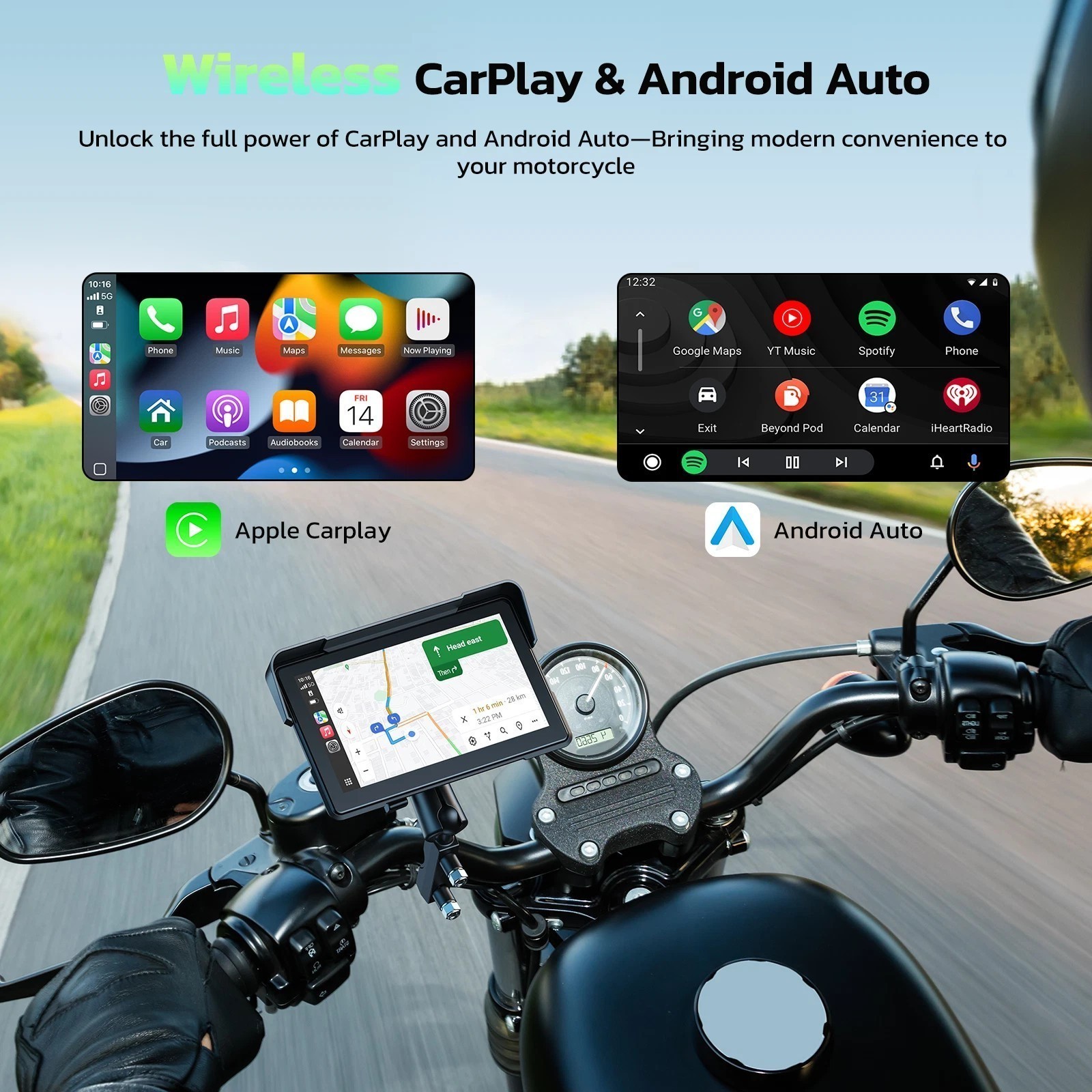 7″ Waterproof Motorcycle Navigator Portable Wireless CarPlay Android Auto Screen