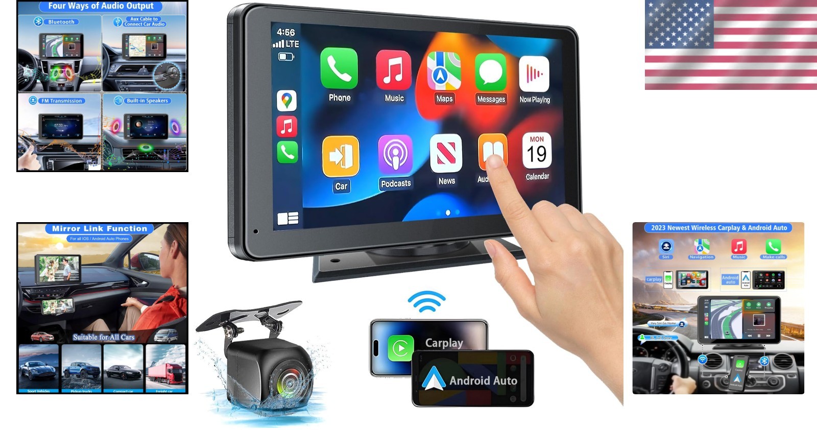 Portable Car Play Screen: 7″ HD Wireless Touchscreen with Bluetooth 5.2