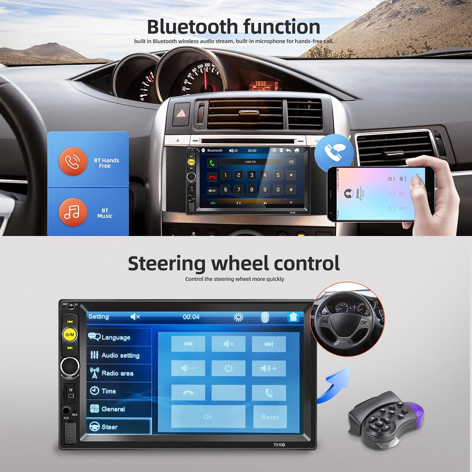 Double Din Bluetooth Car Stereo 7 inch HD Touch Screen Car Radio with Backup Cam