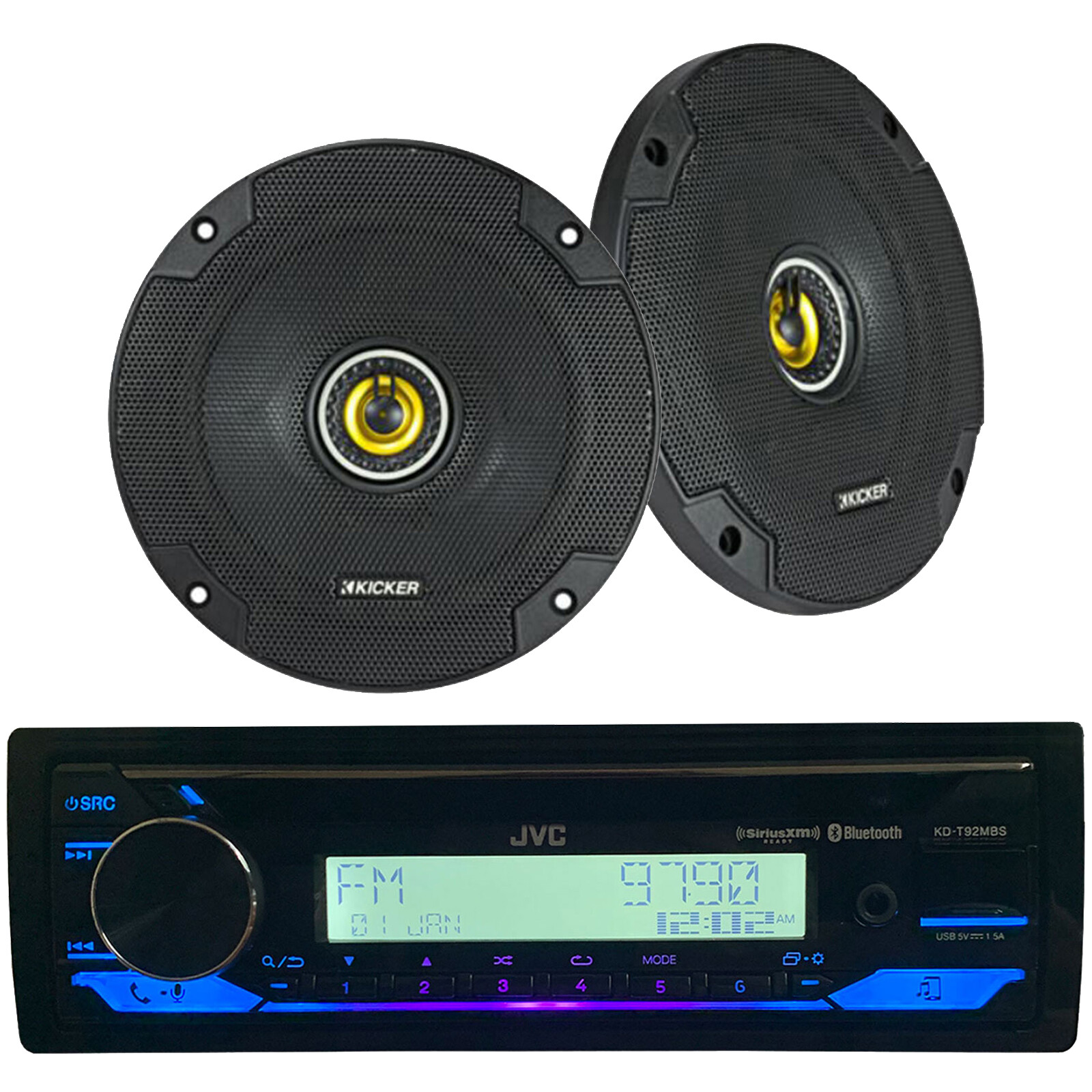 Single DIN Marine CD Bluetooth Receiver, 2x Kicker 6.5″ 300 Watt Black Speakers
