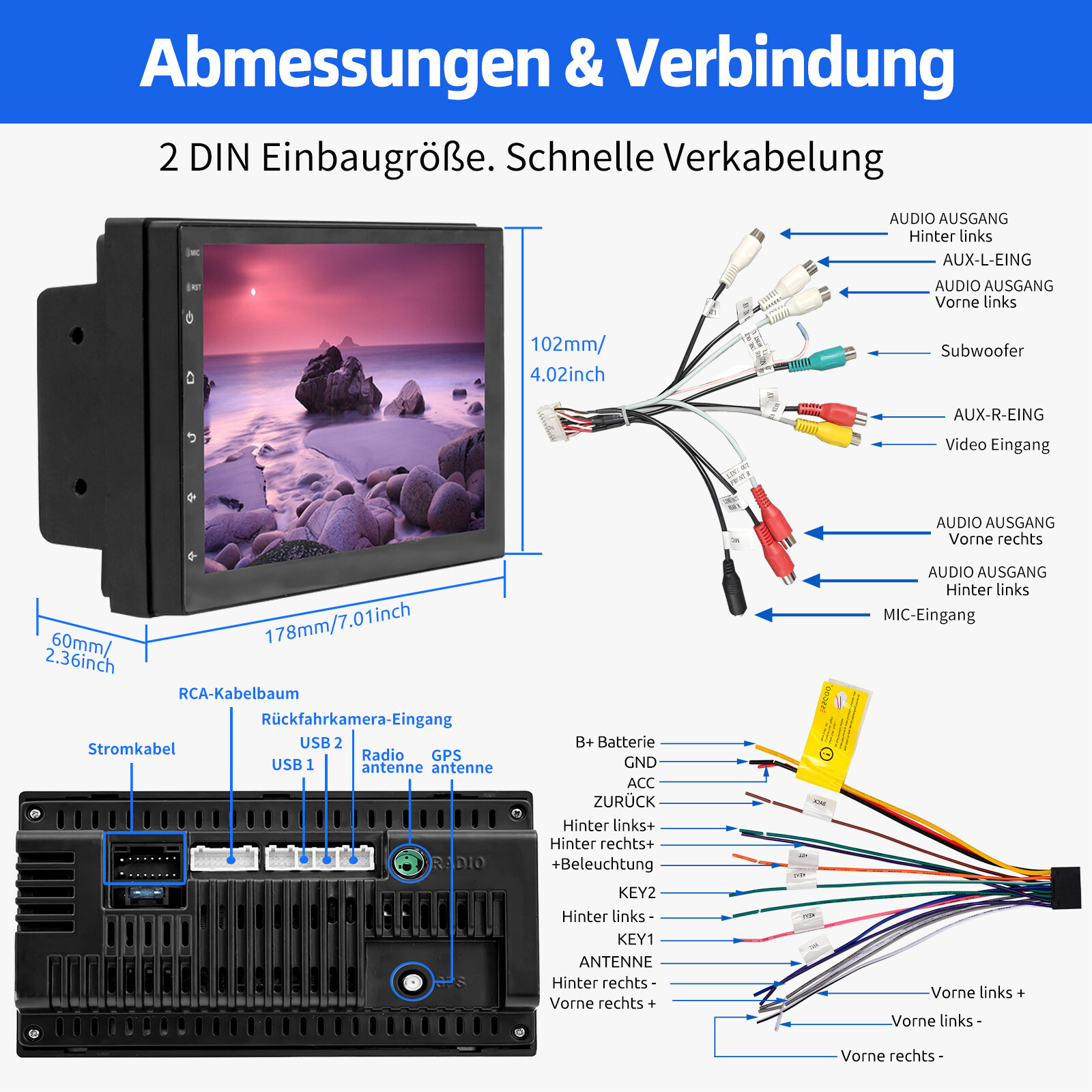 7″ 2 DIN Android 13 Apple Carplay Stereo GPS Navigation WIFI Radio 4+64G Camera