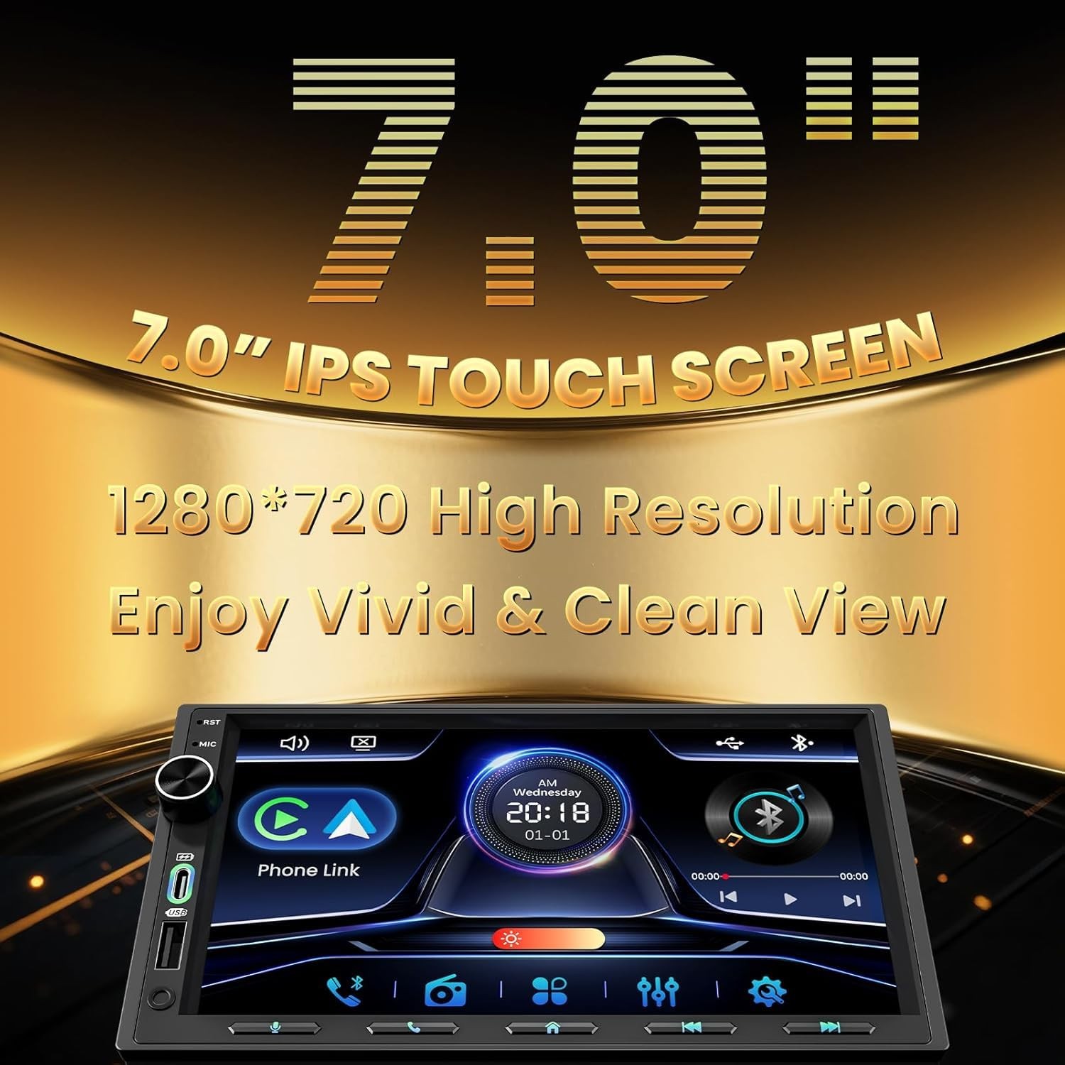Double Din Car Stereo with Wireless Carplay & Android Auto – 7 Inch HD Touchs…