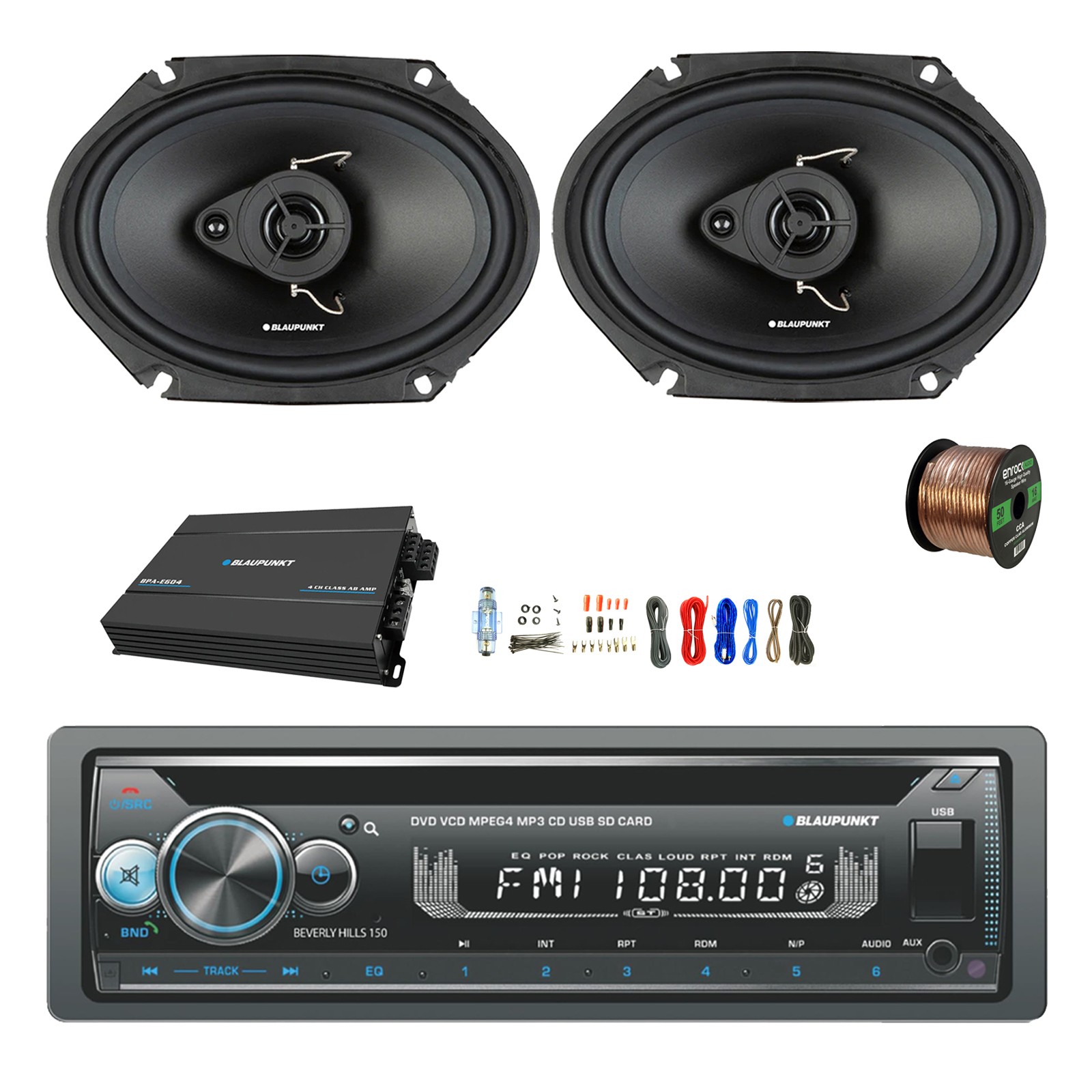 Blaupunkt Bluetooth Receiver, Amp,Kit, 2x 6×8″ 60W Car Speaker, Wire